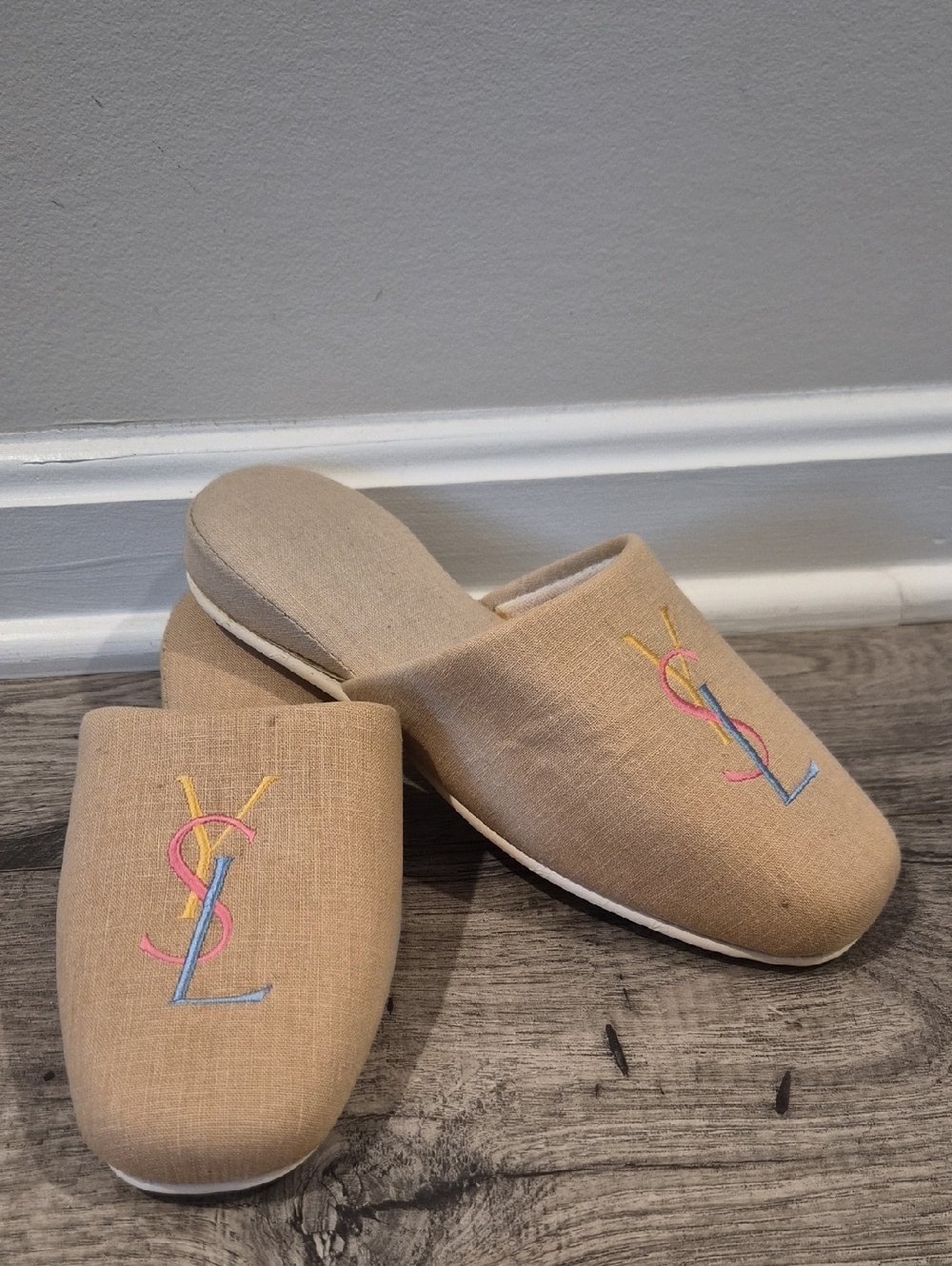 Yves Saint Laurent Beige Embroidered Logo Slip-On Slippers